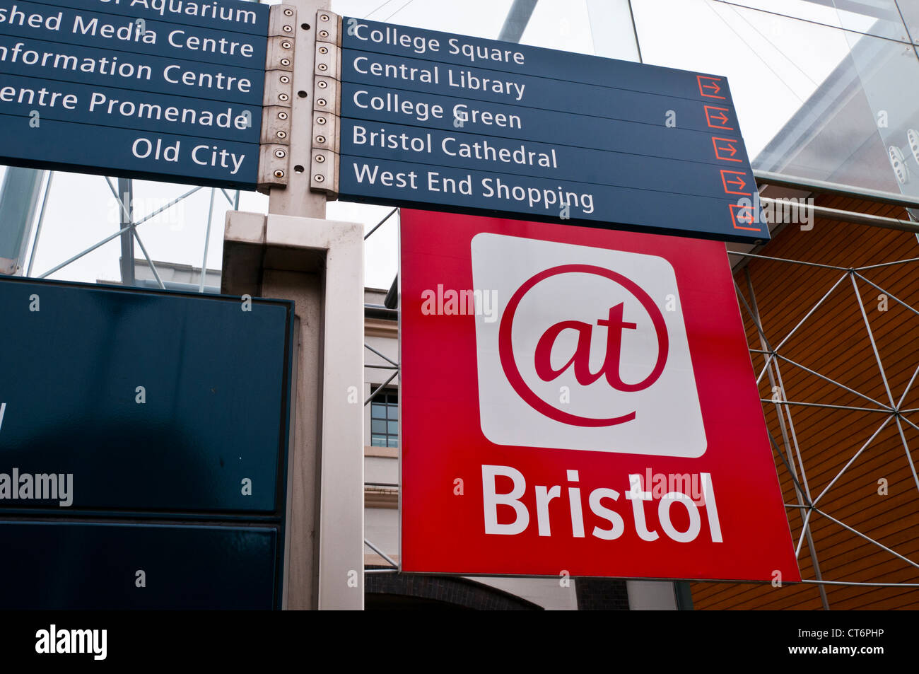 At-Bristol segno e montante di guida per la direzione di vari luoghi, Bristol, Regno Unito Foto Stock