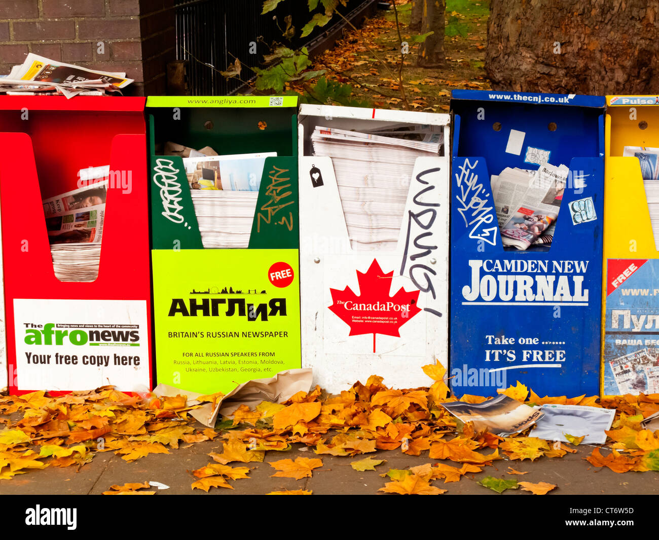 La linea del giornale quotidiano gratuito e dispensatori di magazzino nel centro di Londra Inghilterra con foglie di autunno sul terreno Foto Stock