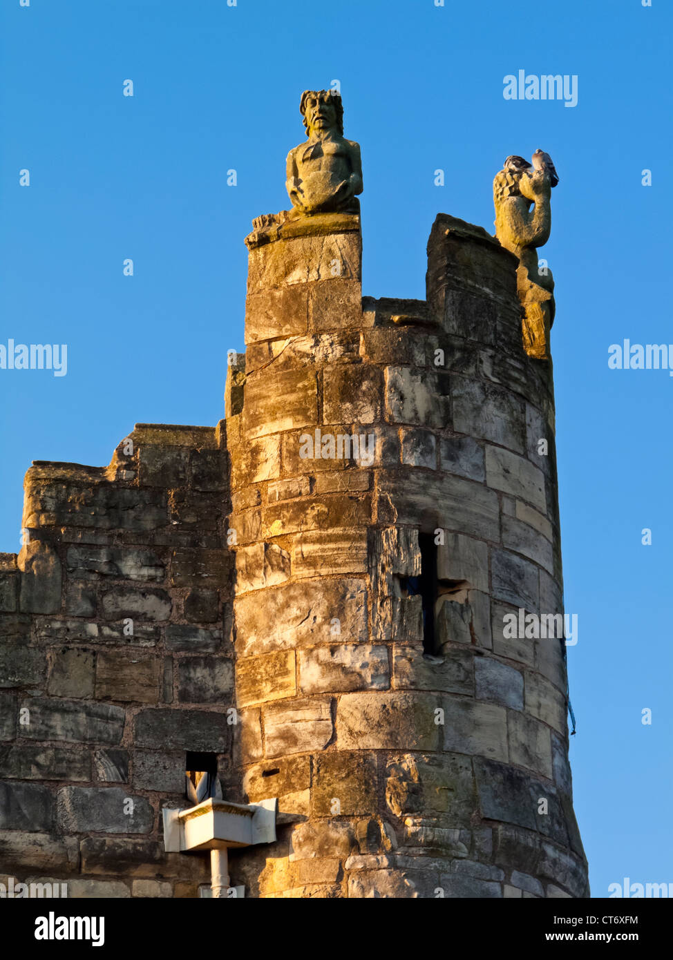 Dettaglio di Monk Bar tower con piccole statue e freccia feritoia nelle mura della città di York nel North Yorkshire England Regno Unito Foto Stock