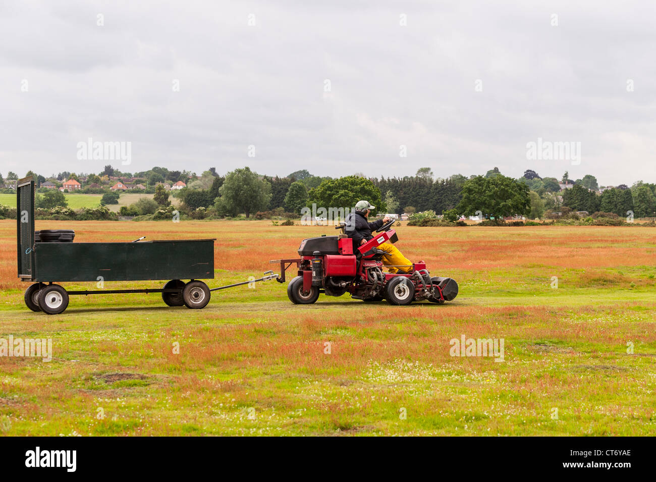 Un greenkeeper su di una corsa su tosaerba utilizzati per il taglio di erba sui verdi su un campo da golf Foto Stock