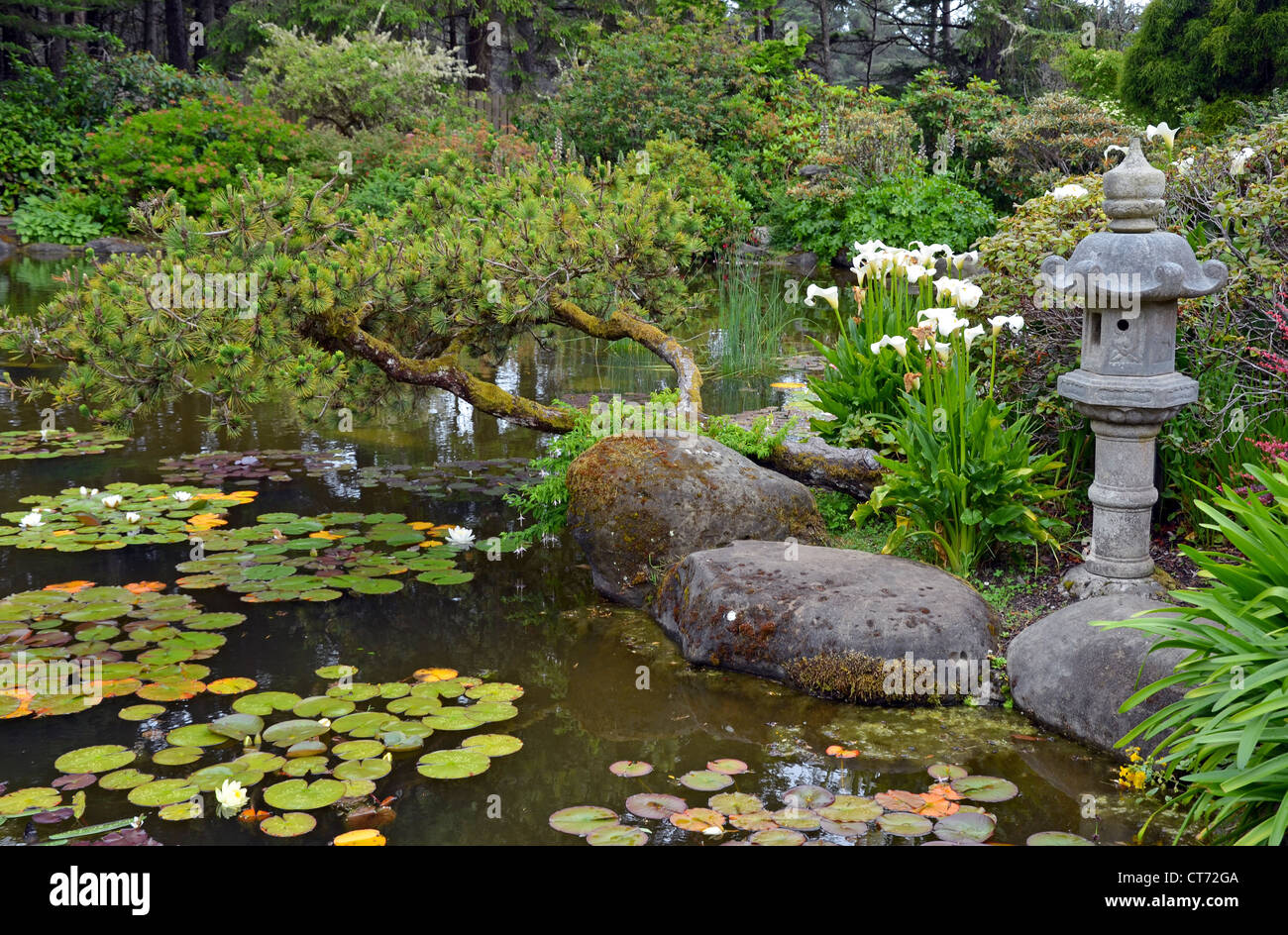 Tema asiatico giardino con laghetto e memorial Foto Stock