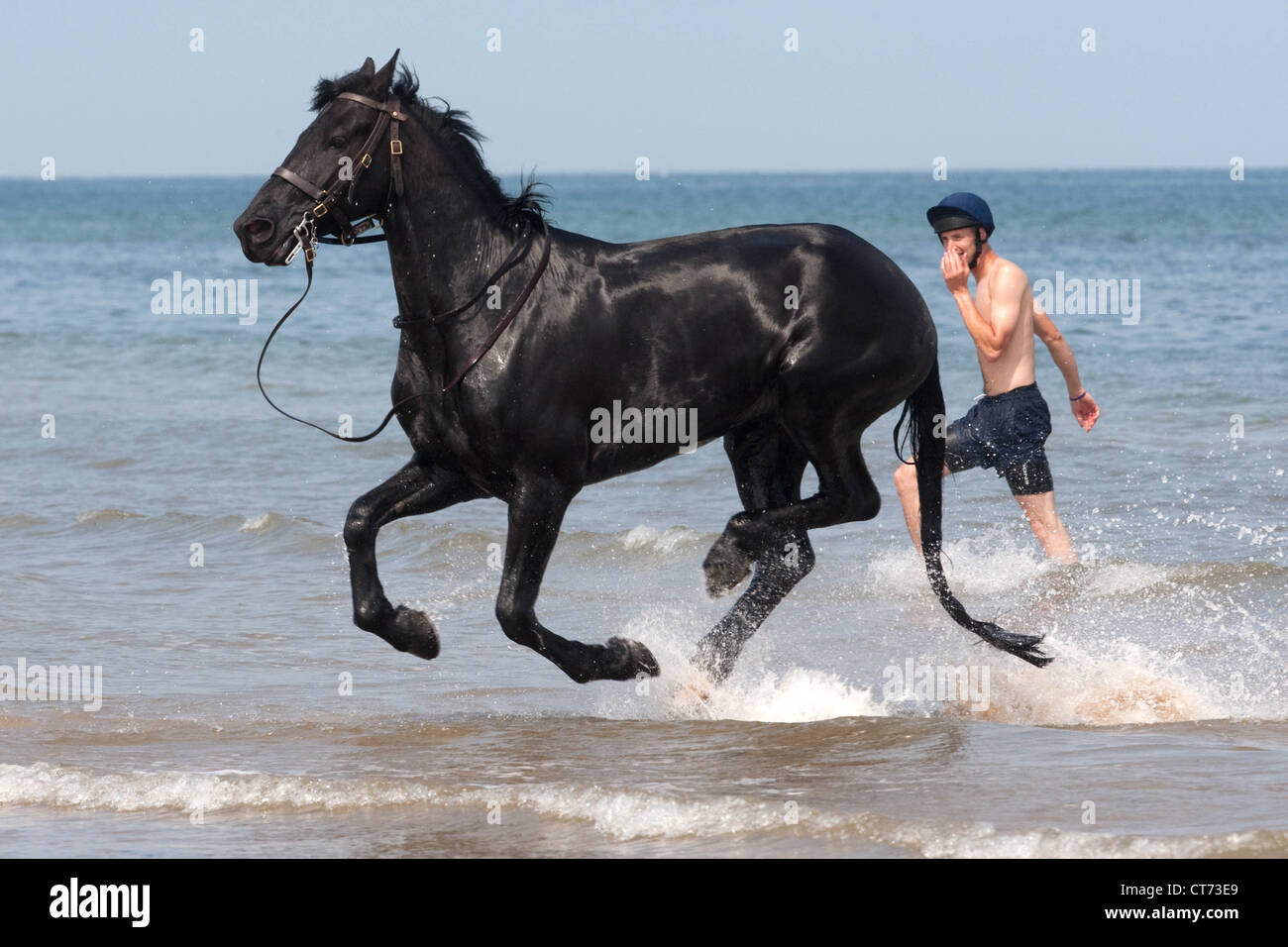 Membri del Blues e Royals (Famiglia cavalleria) esercitano il loro monta sulla spiaggia Holkham in Norfolk Foto Stock