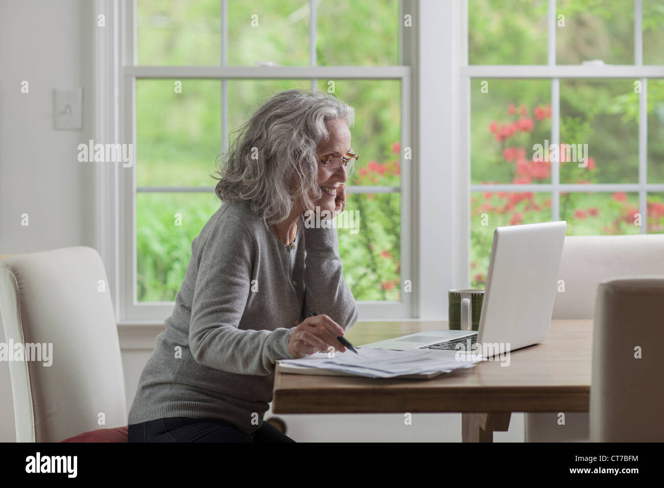 Senior donna utilizzando portatile a casa Foto Stock
