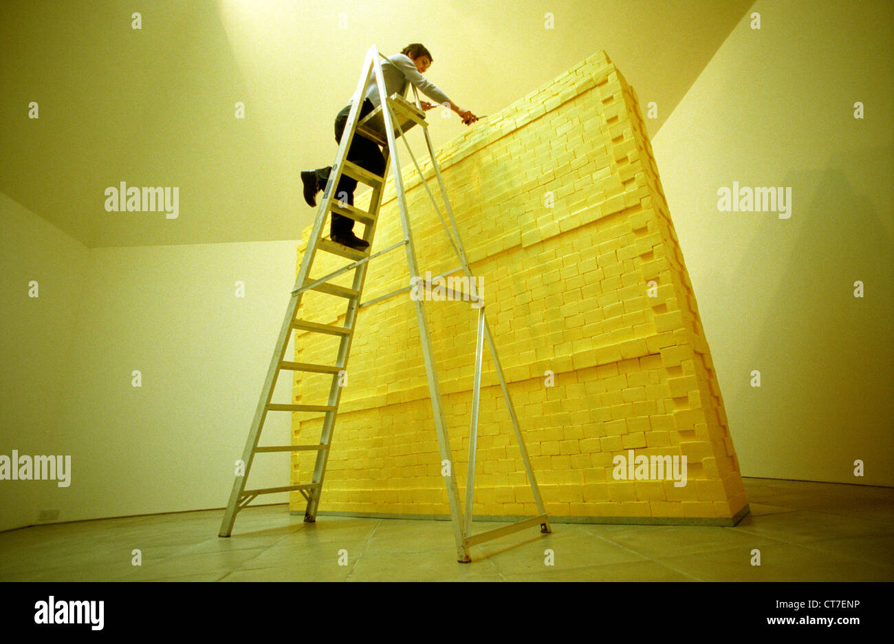 Donna artista sulla scaletta, scolpire una parete realizzata interamente di burro. Ha pesato di tre quarti di una tonnellata ed è stato finanziato con il denaro della lotteria. Foto Stock