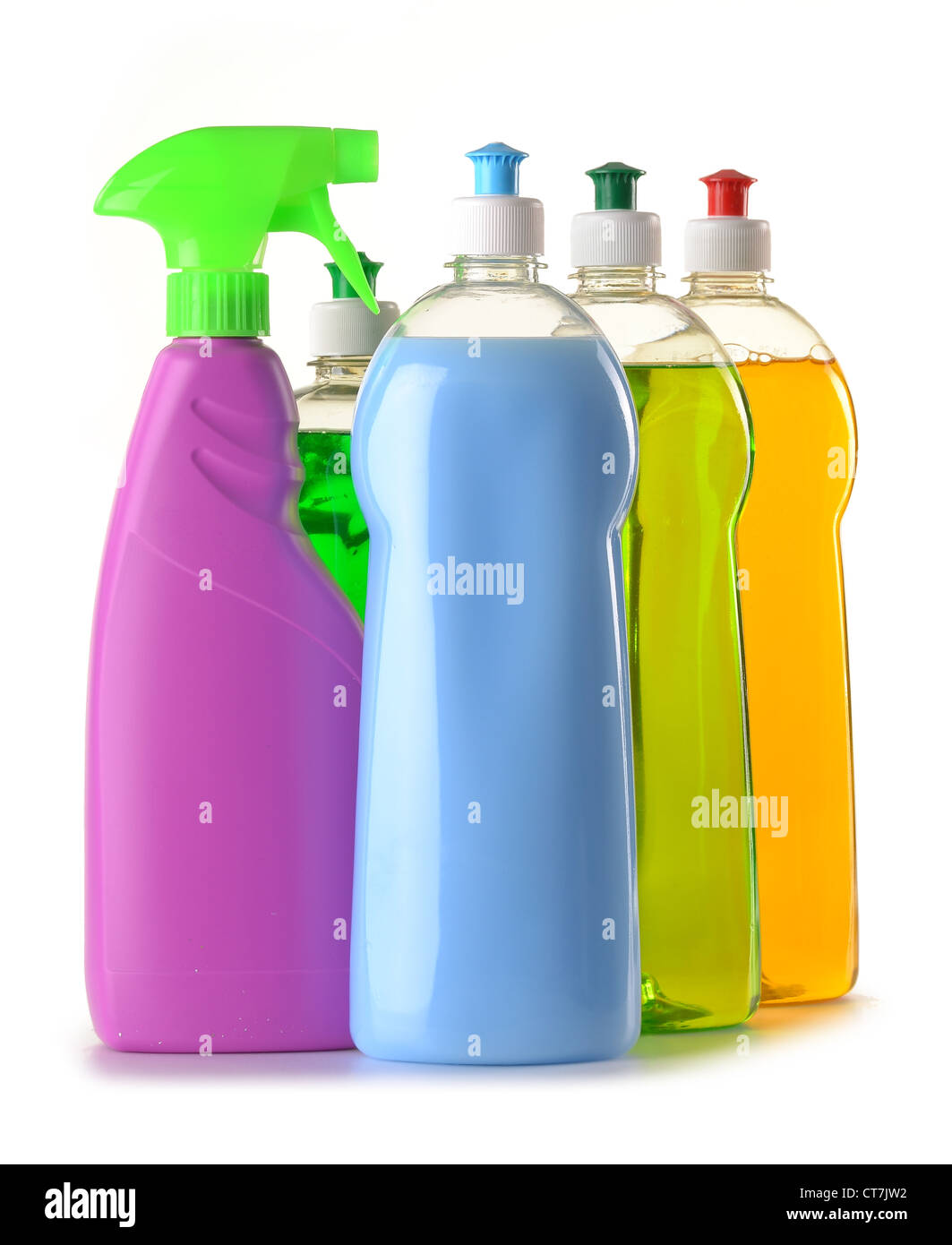 Bottiglie di detergente isolato su bianco Foto Stock