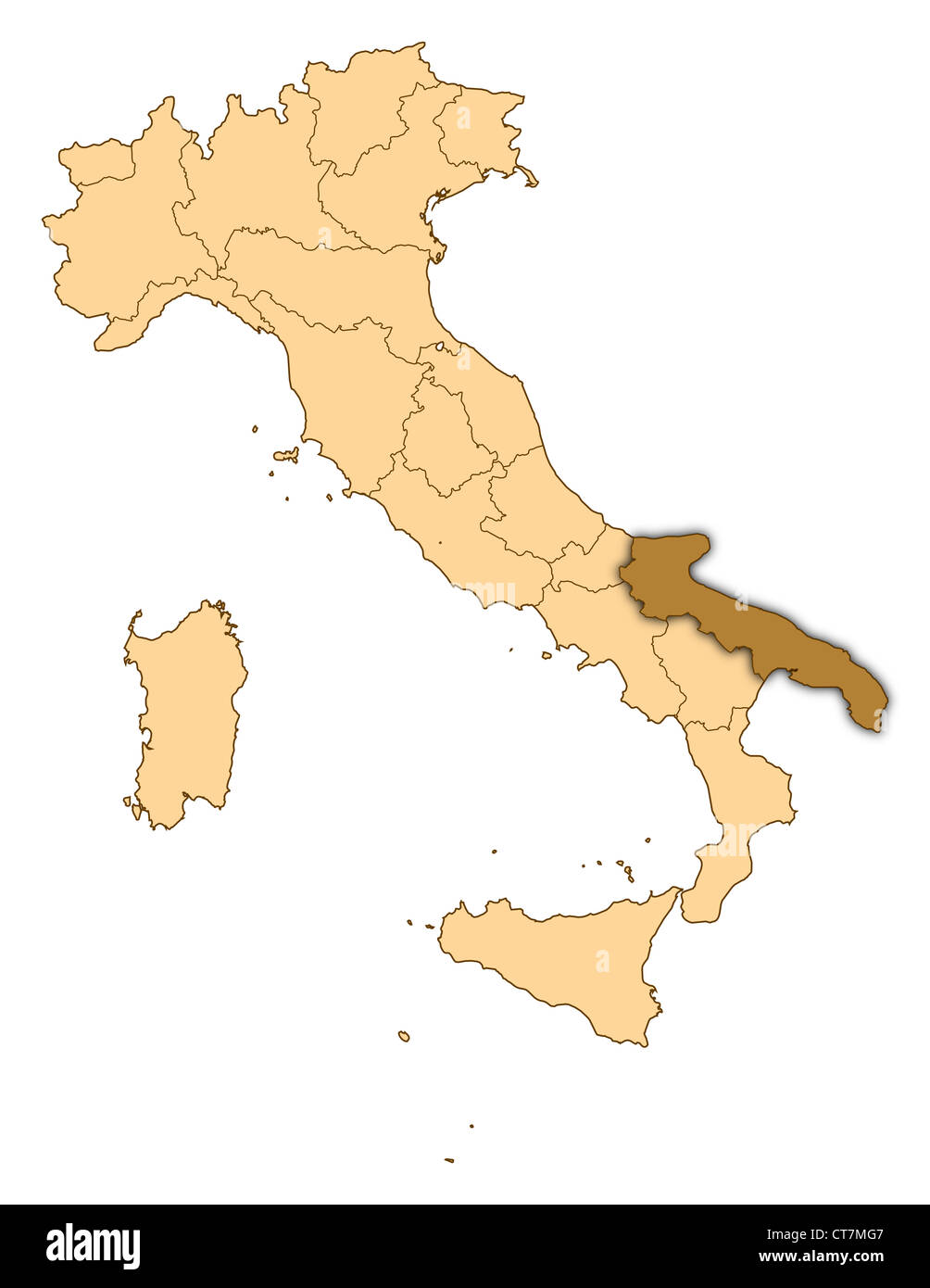 Mappa di Italia dove la Puglia è evidenziata. Foto Stock