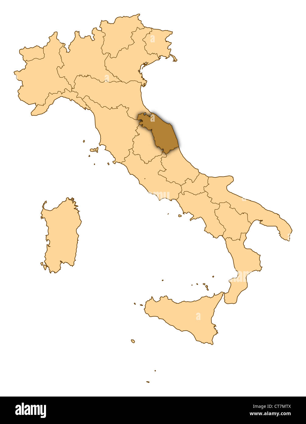 Mappa di Italia dove Marche è evidenziata. Foto Stock