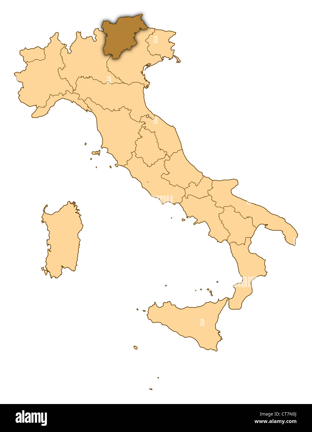 Mappa di Italia dove il Trentino-Alto Adige/Südtirol è evidenziata. Foto Stock