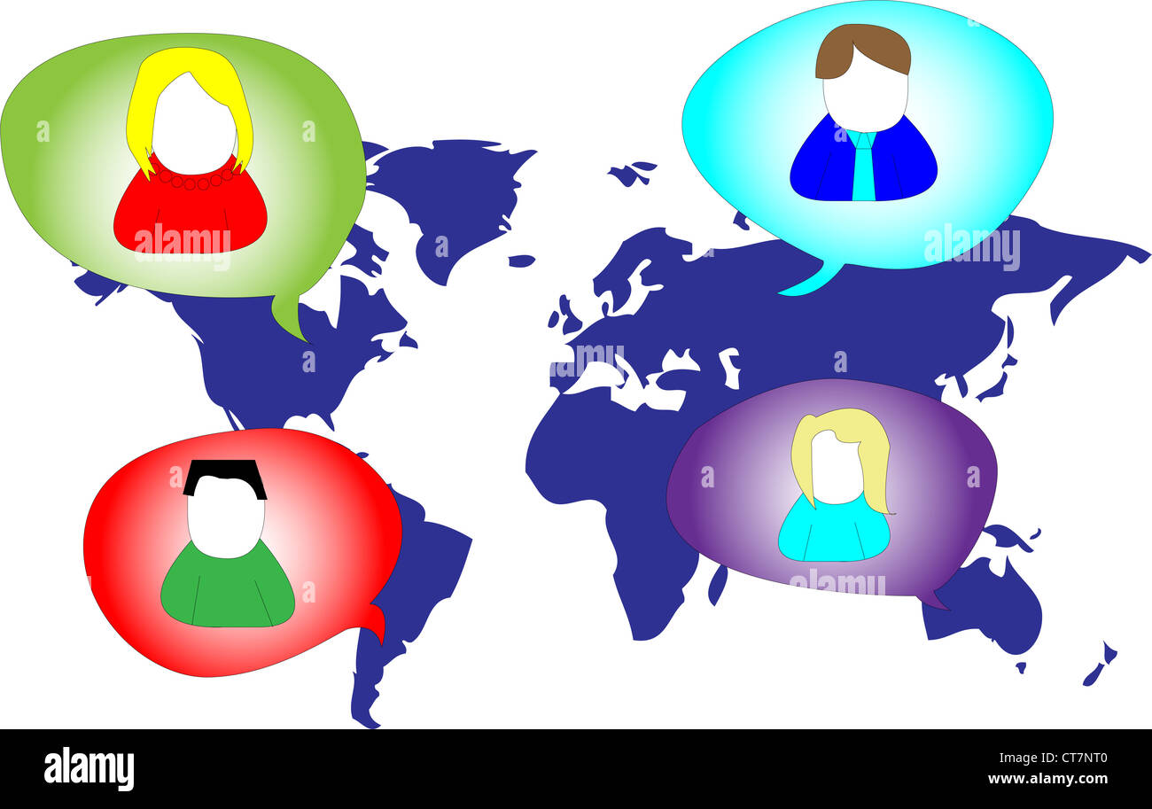 Diverse persone in social media network sulla mappa del mondo Foto Stock