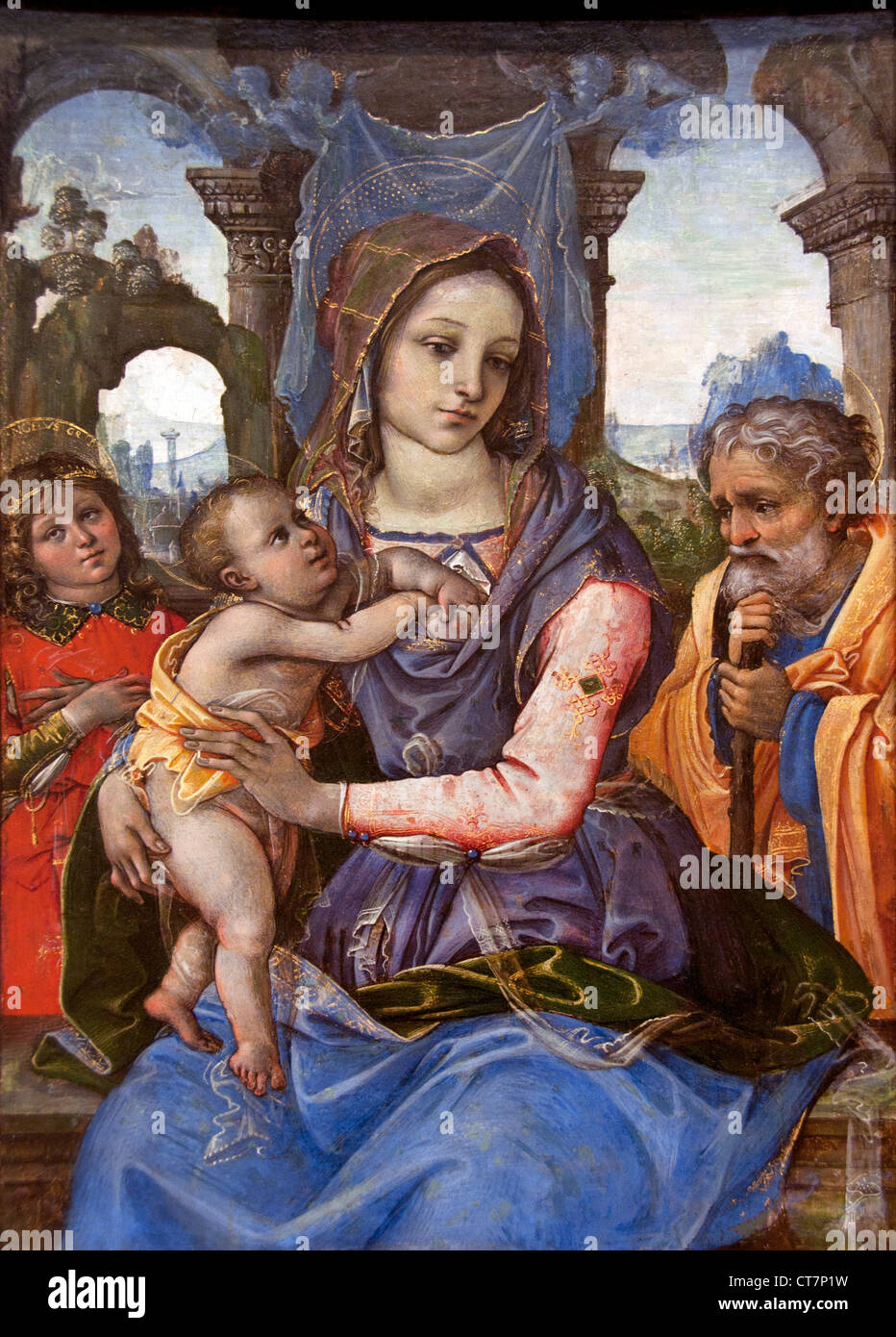 Madonna con Bambino e San Giuseppe e un angelo 1488 Raffaellino del Garbo Italia Italiano Foto Stock