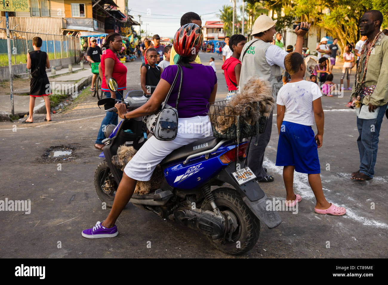 Donna sul ciclomotore con cani durante il carnevale panamense celebrazione su Isla Colon, Bocas del Toro, Panama. Foto Stock