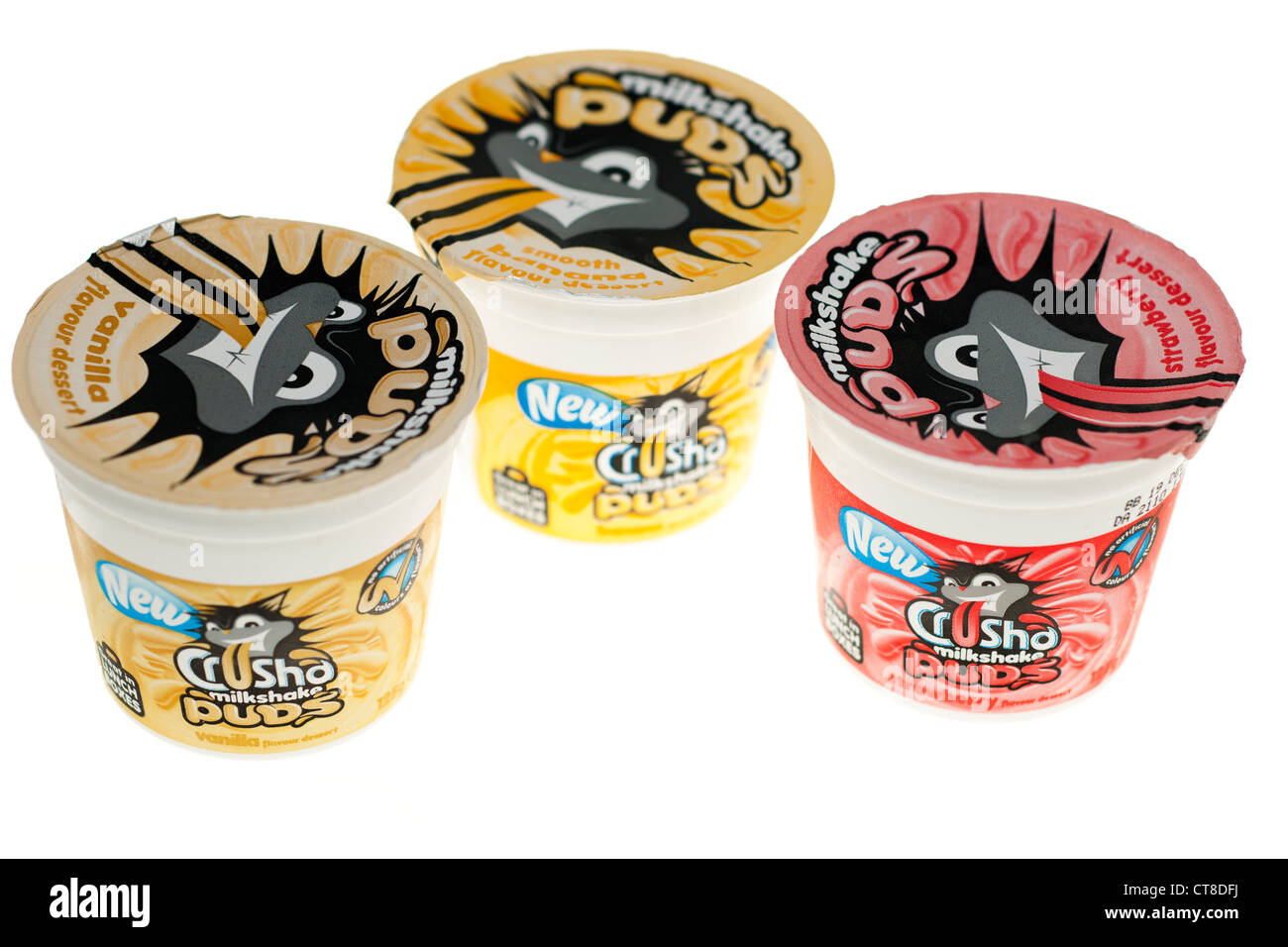 Tre piccole vasche di dessert di differenti aromatizzati Crusha mikshake puds budini Foto Stock