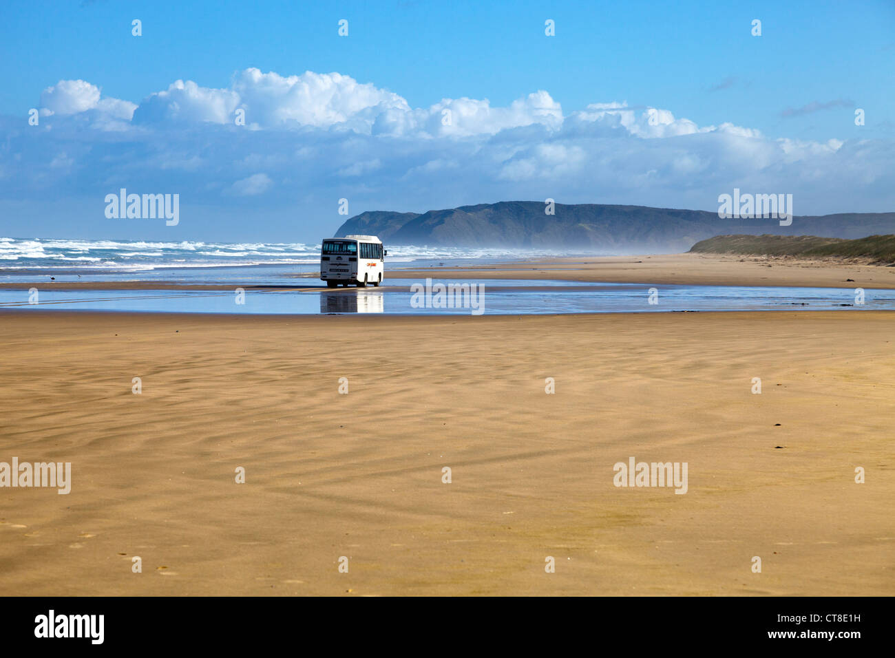 Ninety Mile Beach, Nuova Zelanda - autobus turistico racing contro la marea Foto Stock