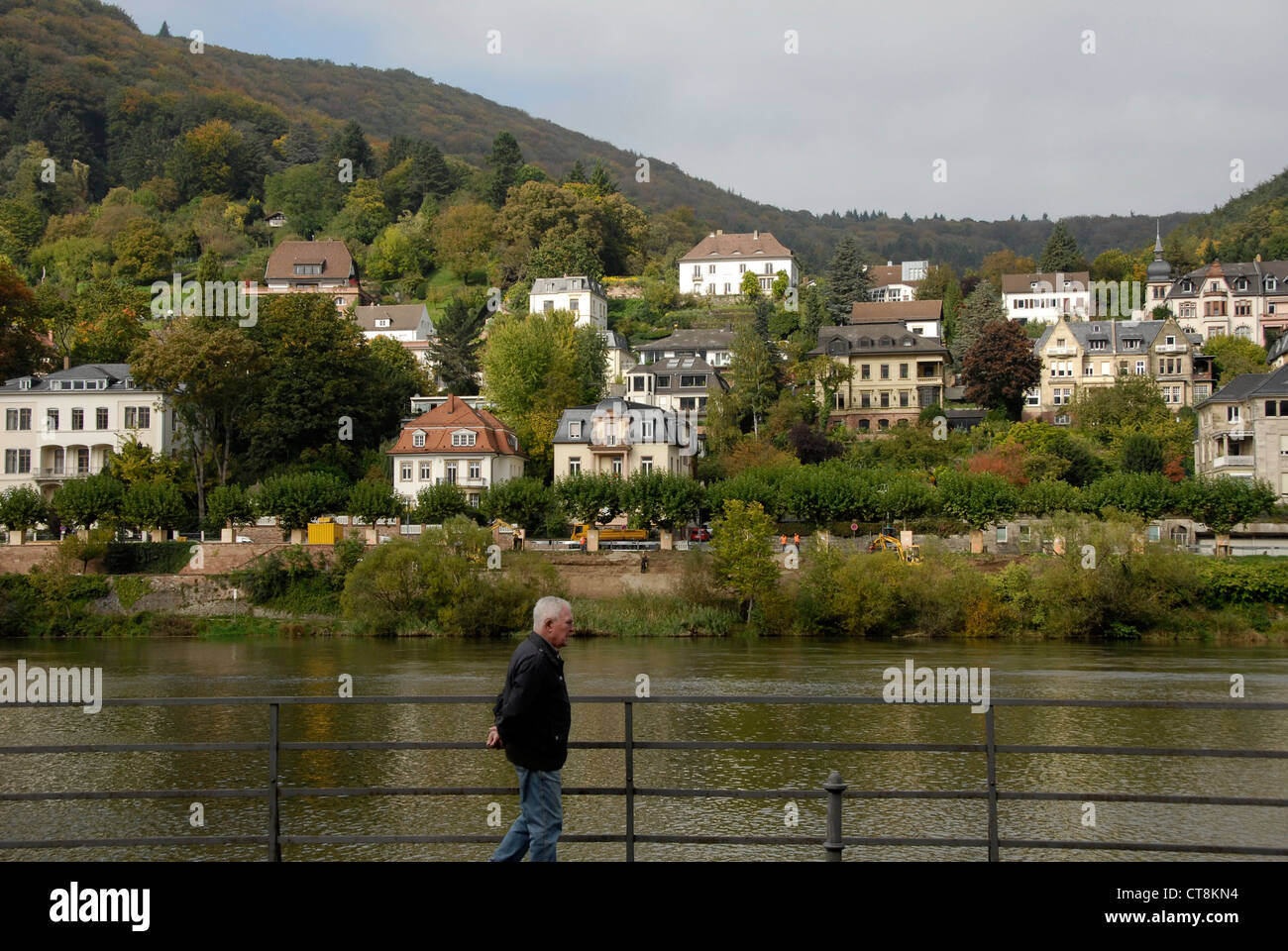 Residences attraverso il fiume Neckar dalla città vecchia di Heidelberg, Germania Foto Stock
