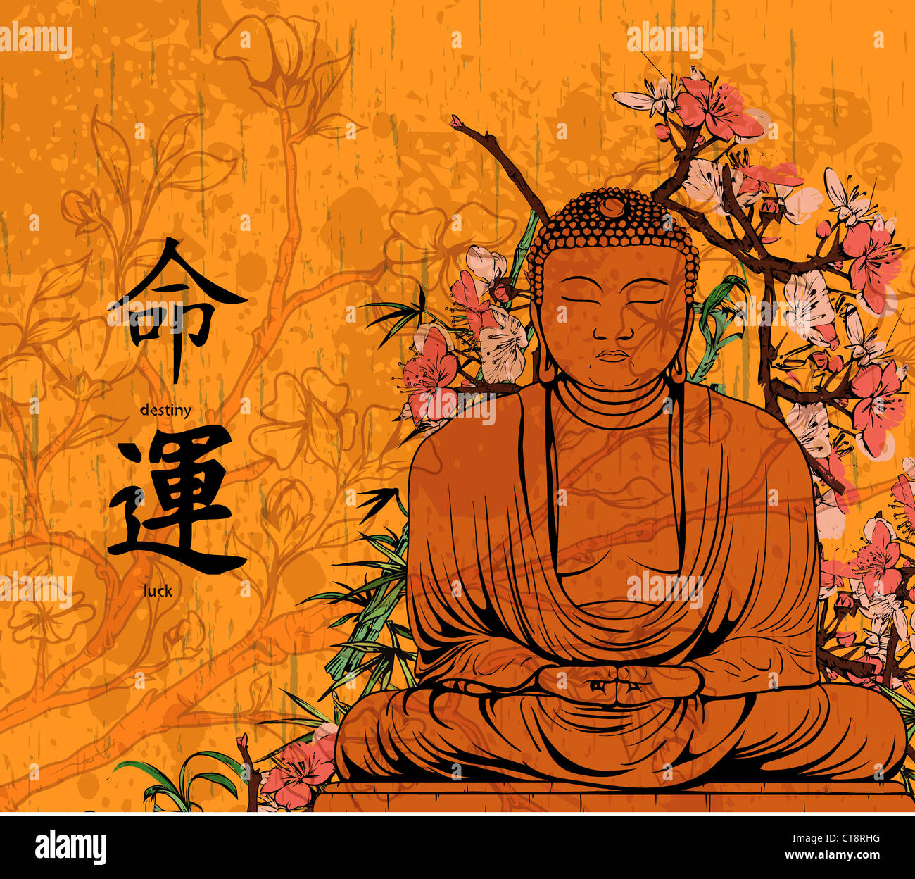 Vector grunge floral background con statua del Buddha Foto Stock