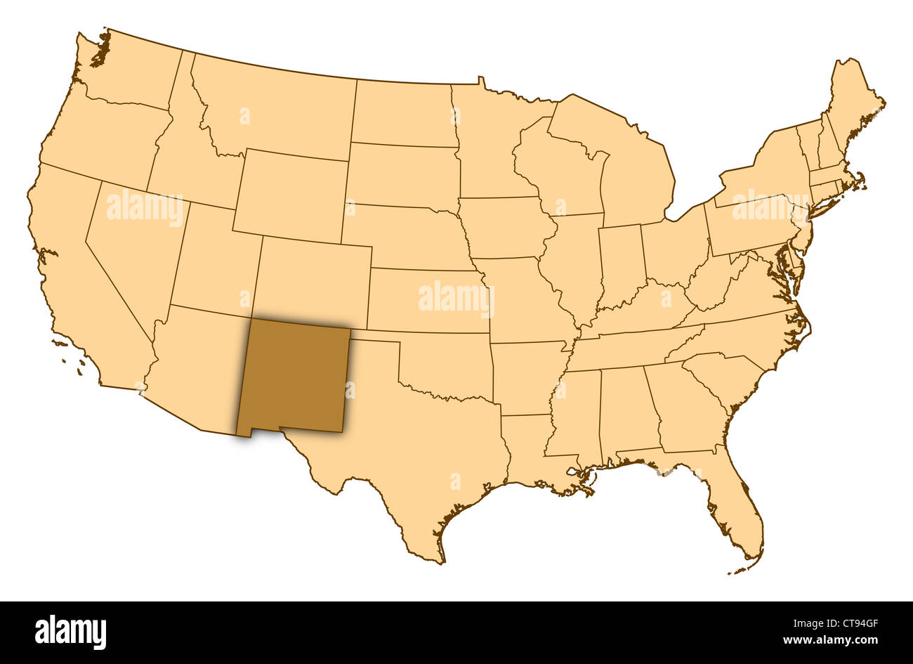 Mappa degli Stati Uniti dove il Nuovo Messico è evidenziata. Foto Stock