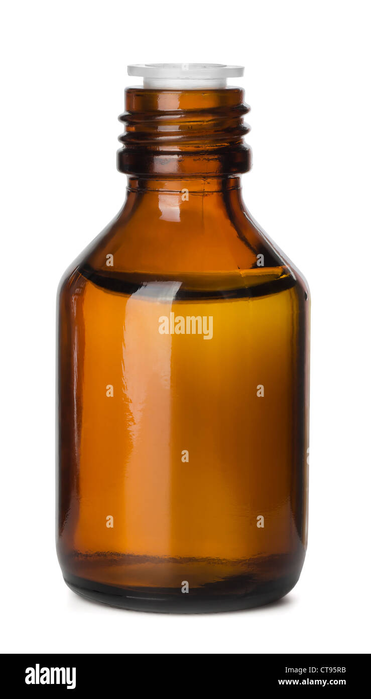 In vetro marrone bottiglia medicina isolato su bianco Foto Stock