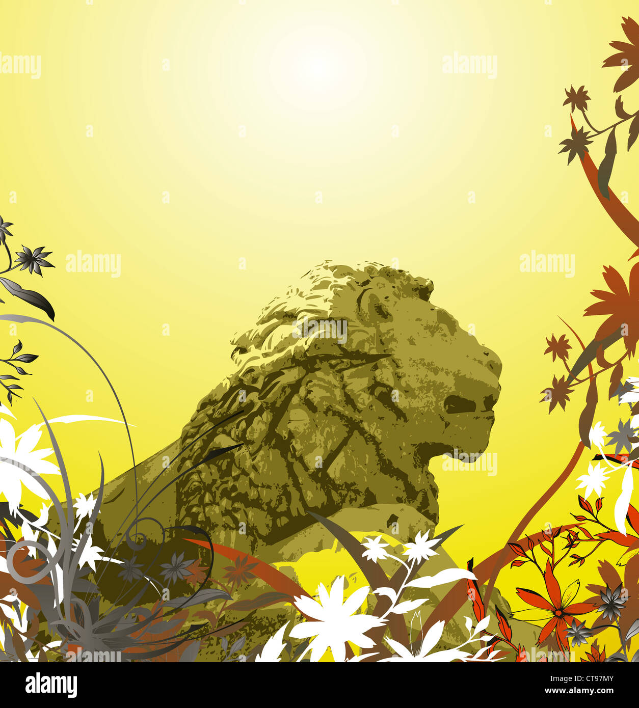 Lion statua con sfondo floreale Foto Stock