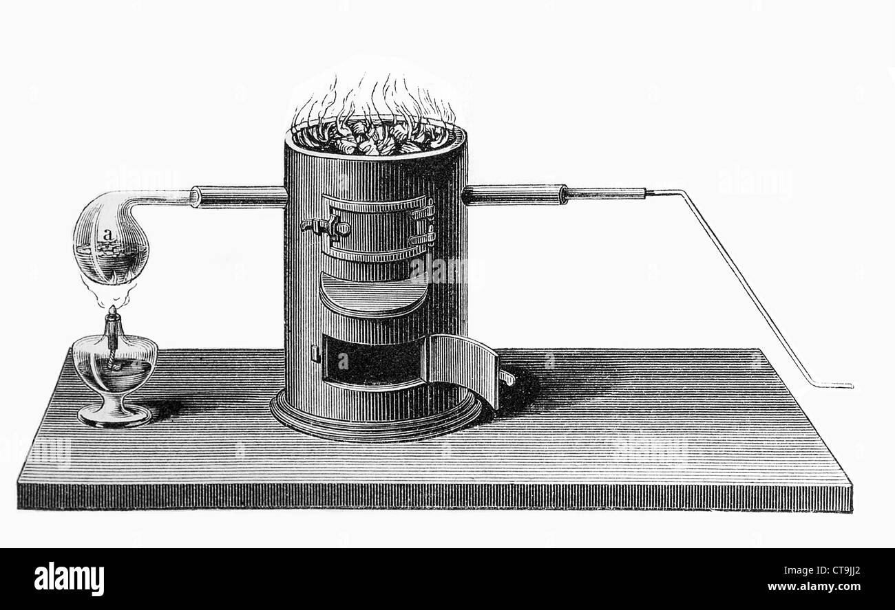 Lavoisier esperimento: discovery composizione acqua decomposizione di vapore di acqua sopra il ferro caldo. Foto Stock