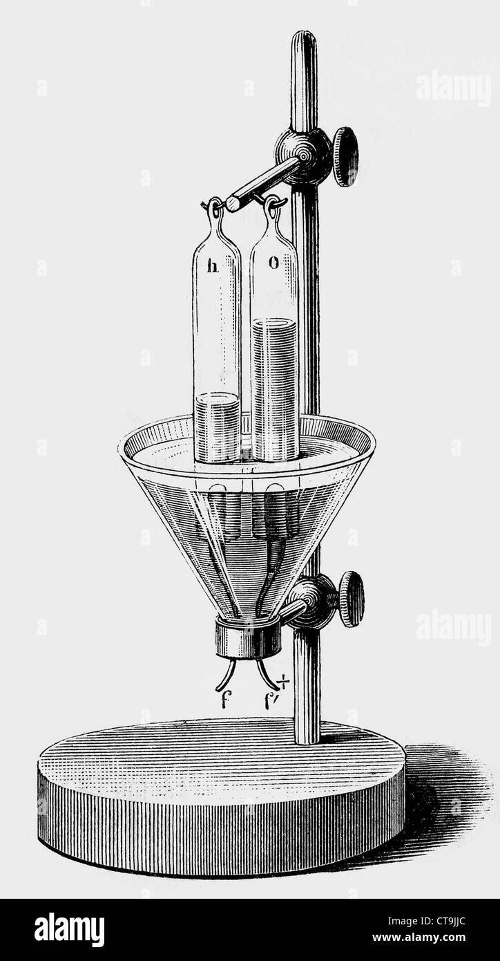 La decomposizione di acqua, elettrolisi, laboratorio di chimica esperimento, incisione vintage Foto Stock