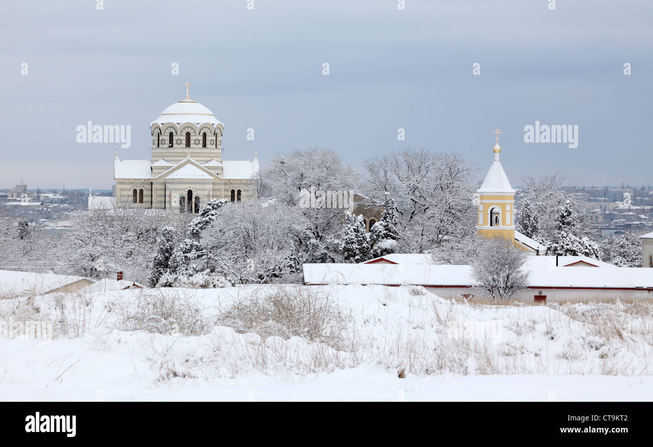 Cattedrale in inverno, Cattedrale di San Vladimiro, Chersoneso, Sebastopoli, Ucraina Foto Stock