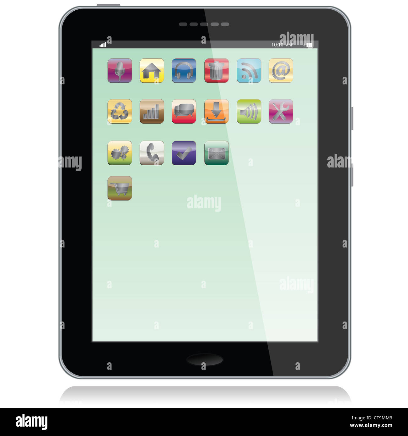 Illustrazione di un tablet pc con le icone delle applicazioni sullo schermo,isolato in uno sfondo bianco. Foto Stock