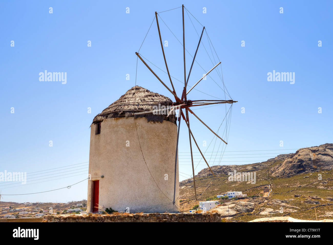 Mulino a vento a Ano Mera, Mykonos, Grecia Foto Stock