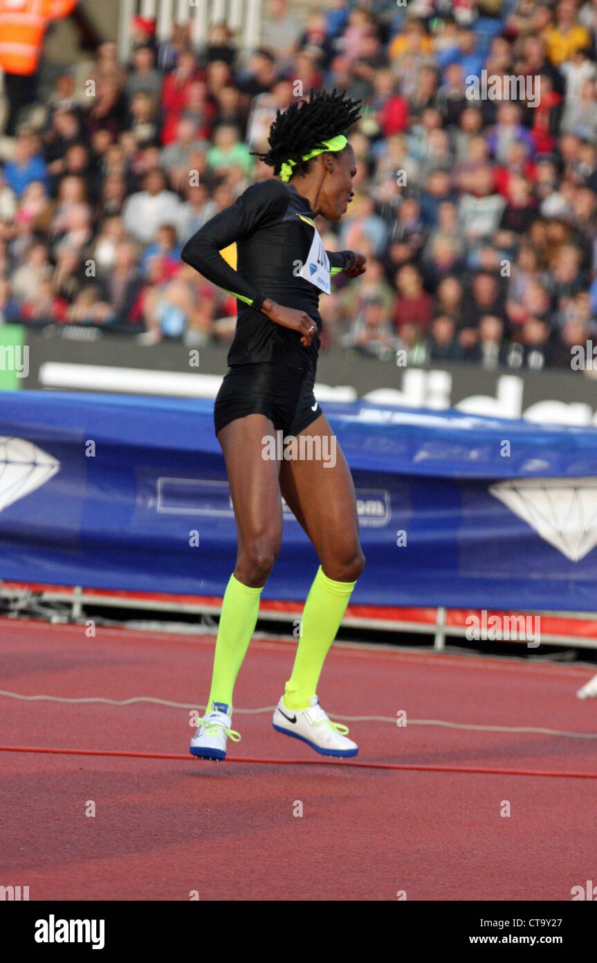 Chaunte Lowe (USA) festeggia dopo aver vinto il womens Salto in alto al AVIVA 2012 Londra Grand Prix al Crystal Palace di Londra, Foto Stock