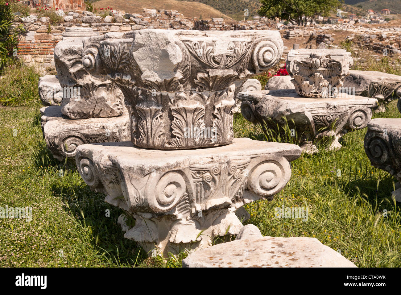 Pietra scolpita presenta a Saint John's Basilica, Selcuk, vicino a Efeso in Turchia Foto Stock