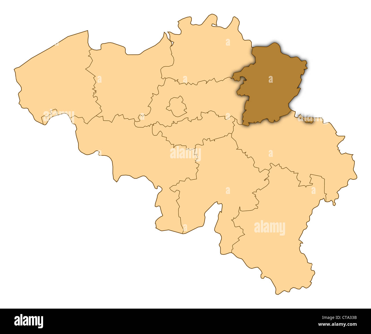 Mappa del Belgio dove il Limburgo è evidenziata. Foto Stock