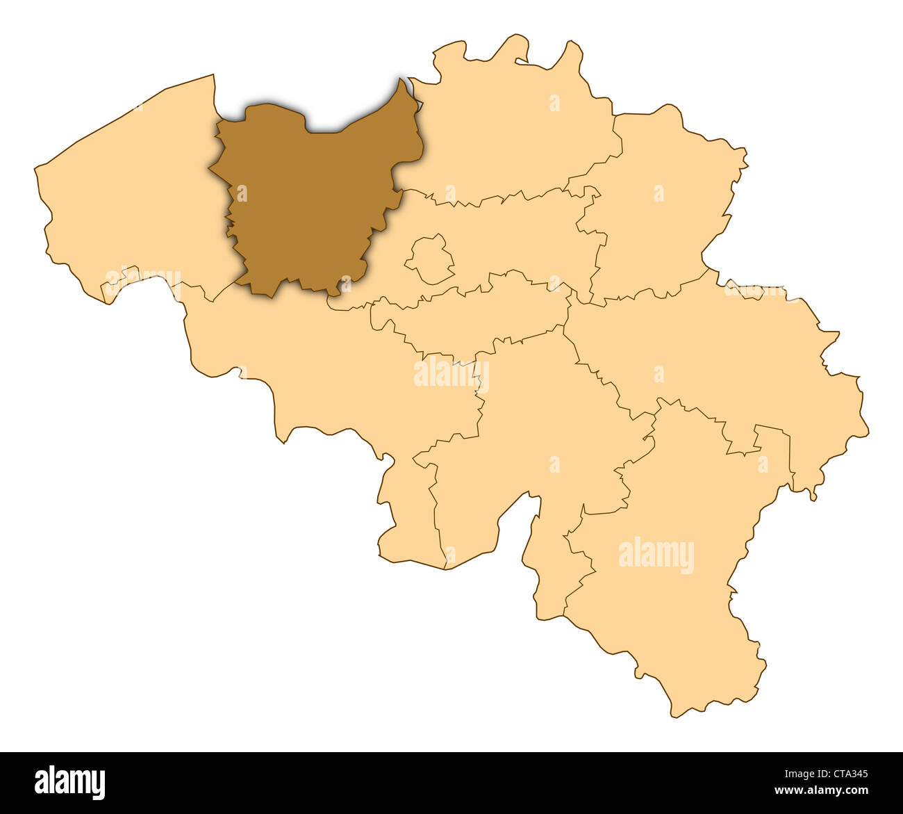 Mappa del Belgio dove Fiandra orientale è evidenziata. Foto Stock