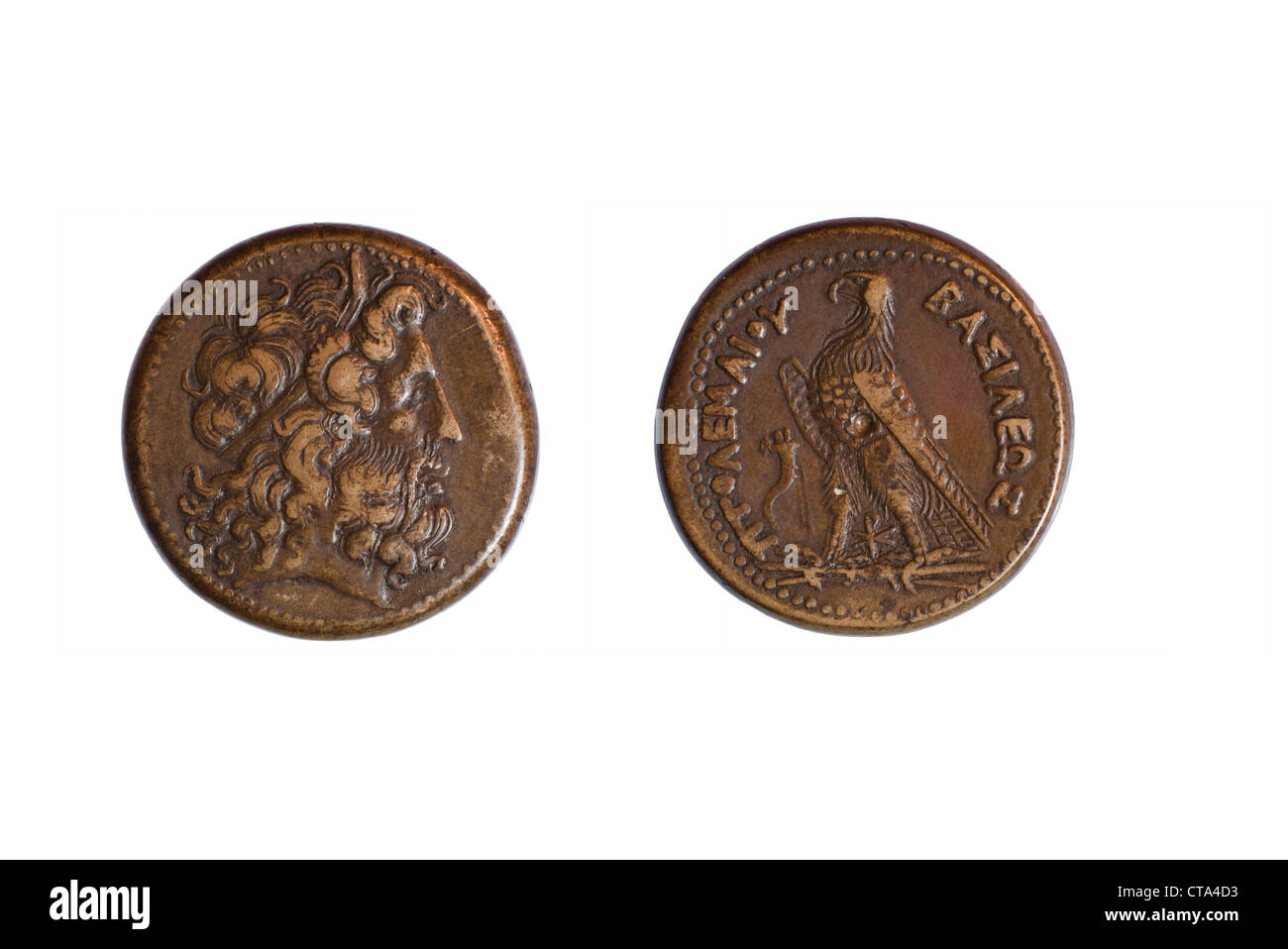 Antica Moneta di bronzo raffigurante Tolomeo III 246-221 A.C. Testa a sinistra di Zeus Ammon. Diritto Eagle permanente sulla tecnologia Thunderbolt Foto Stock