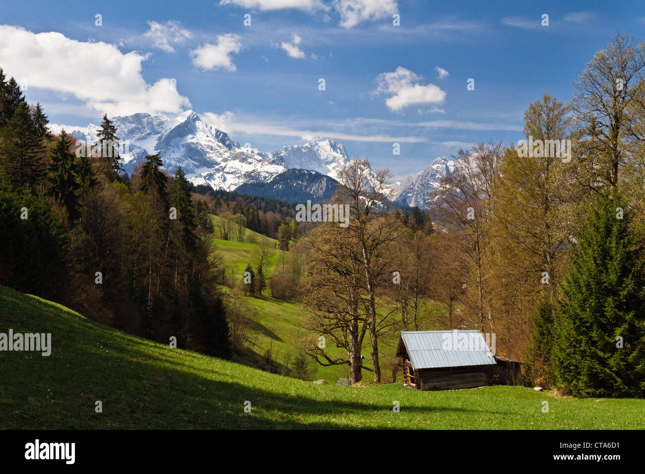 Vista verso la montagna Wetterstein gamma con Alpspitze, Zugspitze e waxenstein, Wamberg, Werdenfelser Land, Alta Baviera, Foto Stock