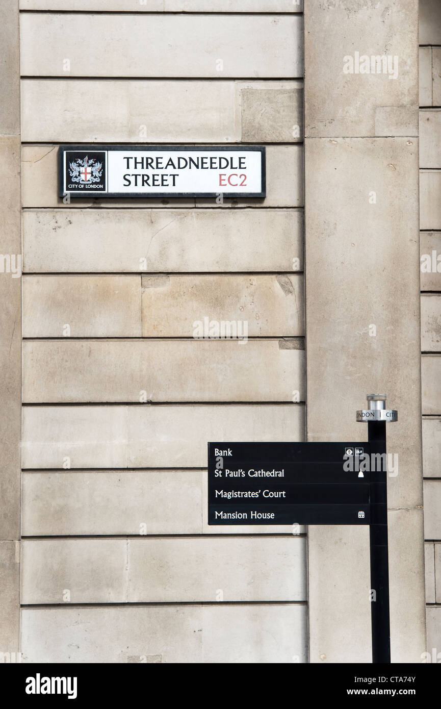 Threadneedle Street segno. Londra, Inghilterra Foto Stock