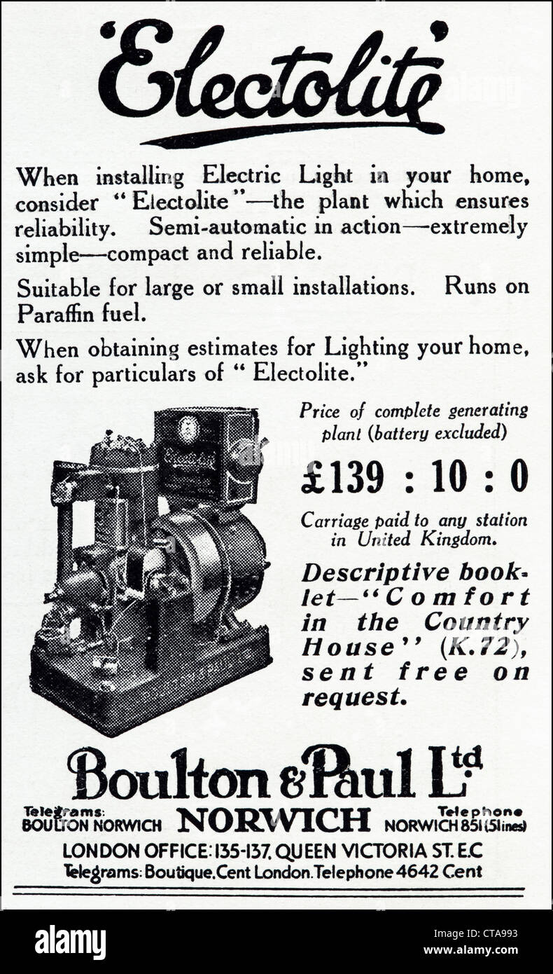 Originale di 1920s vintage stampa pubblicitaria dal consumatore inglese pubblicità  su riviste ELECTOLITE generatore di uso domestico Foto stock - Alamy