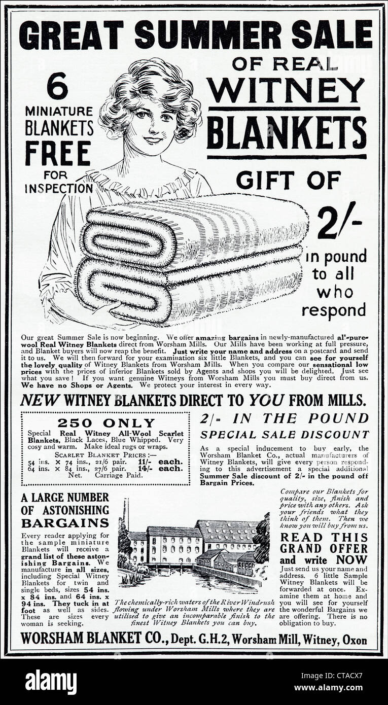 Originale di 1920s vintage stampa pubblicitaria dal consumatore inglese magazine estate, la pubblicità della vendita di Witney coperte Foto Stock