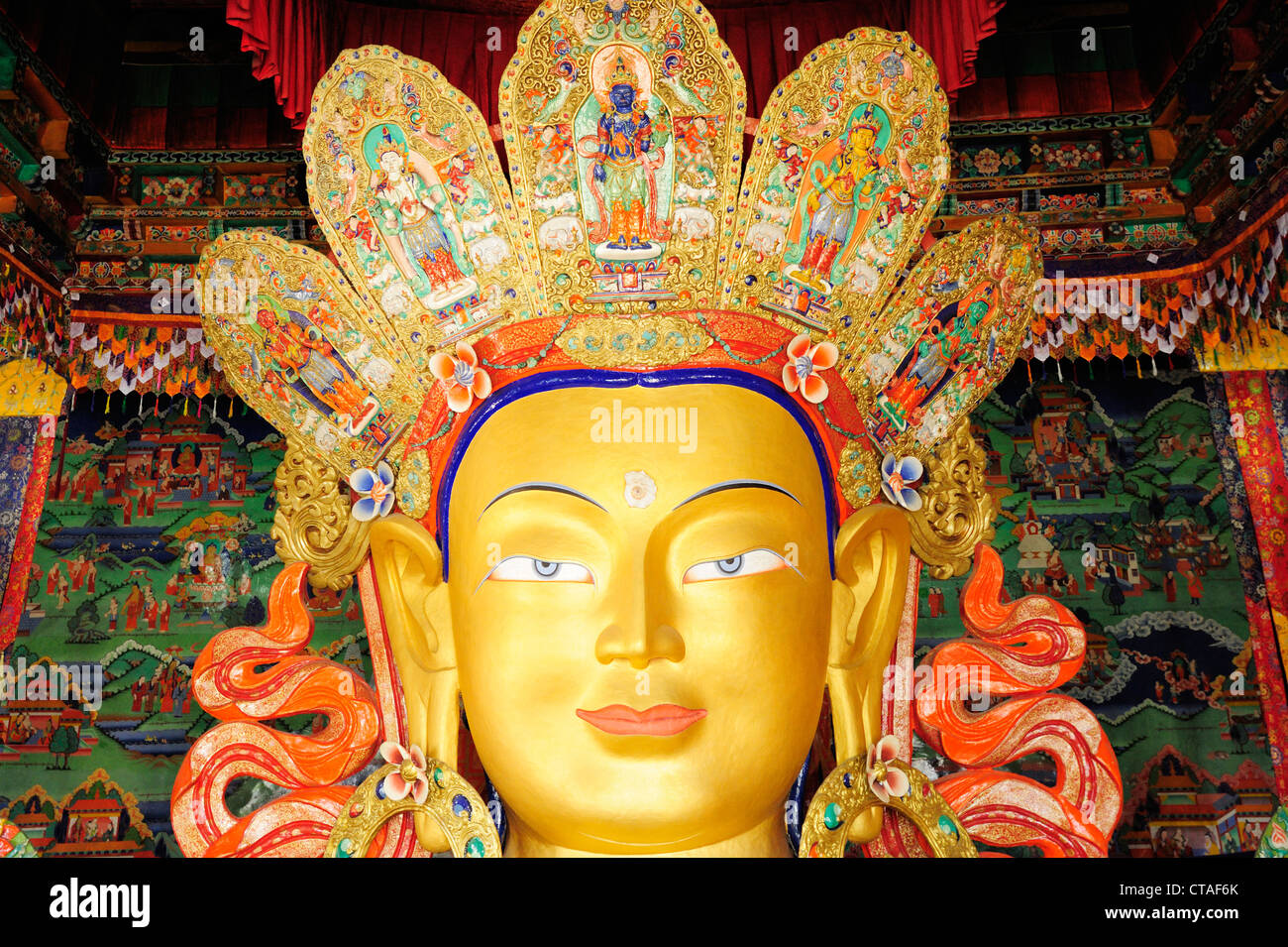 Statua di Buddha Maitreya Buddha, Buddha, Monastero di Thikse, Thiksey, Leh, valle di Indus, Jammu e Kashmir e Ladakh, India, Foto Stock