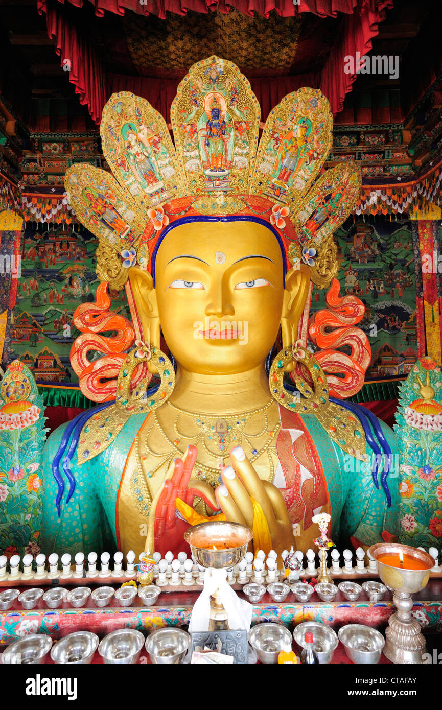 Statua di Buddha Maitreya Buddha, Buddha, Monastero di Thikse, Thiksey, Leh, valle di Indus, Ladakh, Jammu e Kashmir India Foto Stock