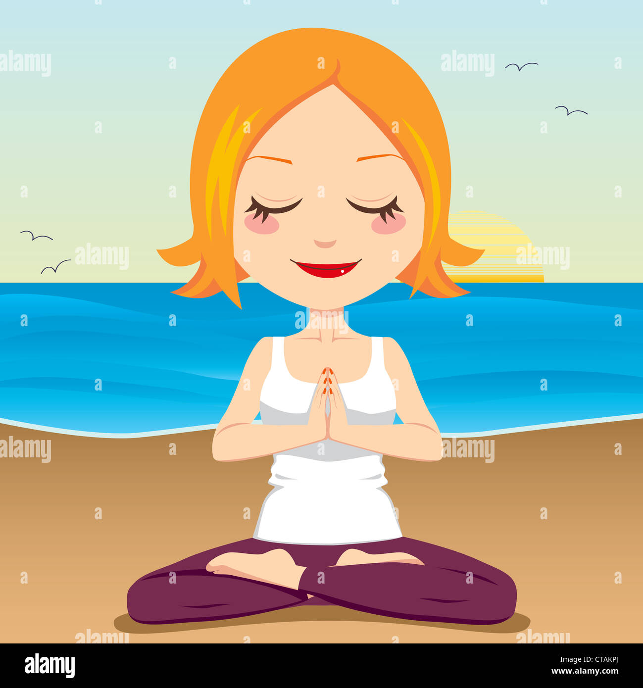 Carino con i capelli rossi donna meditando e esercizio di yoga lotus posizione sulla spiaggia Foto Stock