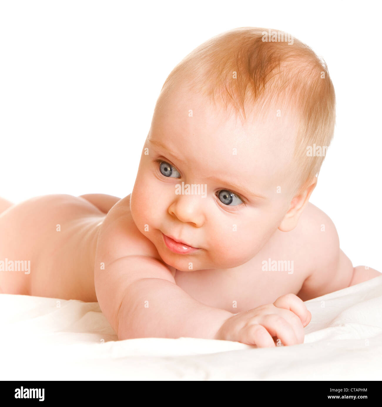 Sei-mese-vecchio bambino su sfondo bianco Foto Stock