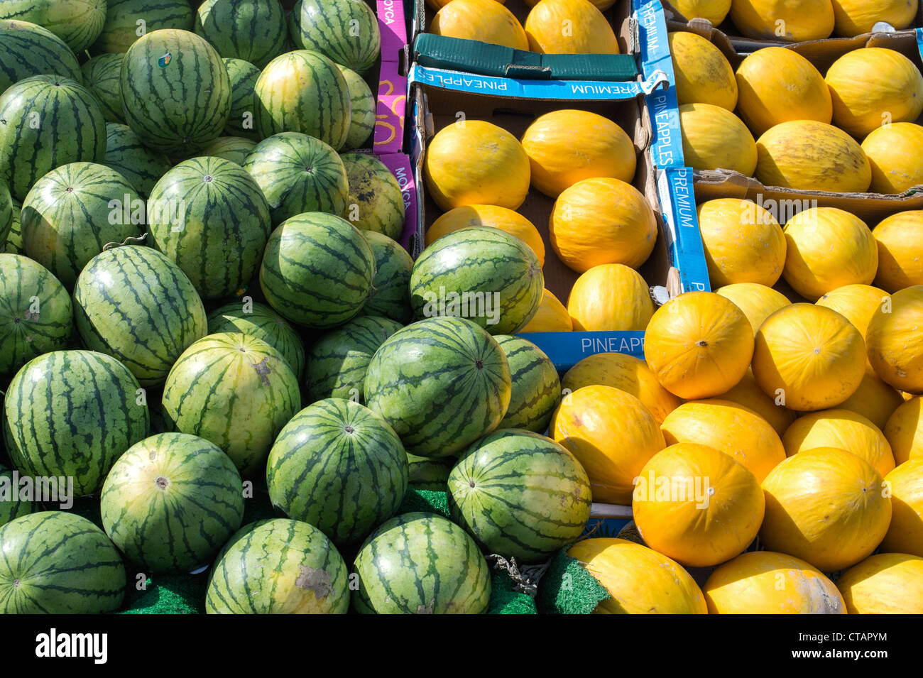 Meloni su un mercato in stallo. Londra, Inghilterra Foto Stock