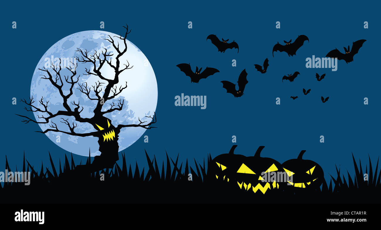 Le illustrazioni per il tema di Halloween, male tree, lanterne di zucca e pipistrelli Foto Stock