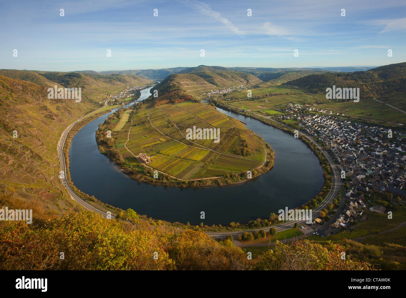 Vista da Bremmer Calmont vigna sulla Mosella sinuosità a Bremm, Mosella, Renania-Palatinato, Germania, Europa Foto Stock