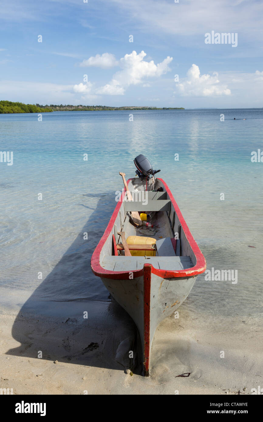 Piccola barca a stella di mare sulla spiaggia di Isla Colon, Bocas del Toro, Panama. Foto Stock