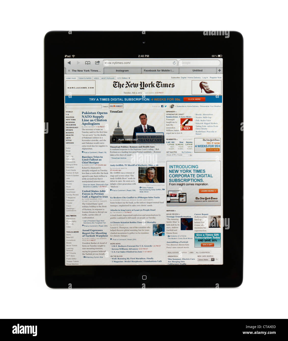 Il New York Times online la versione su un iPAD Foto Stock