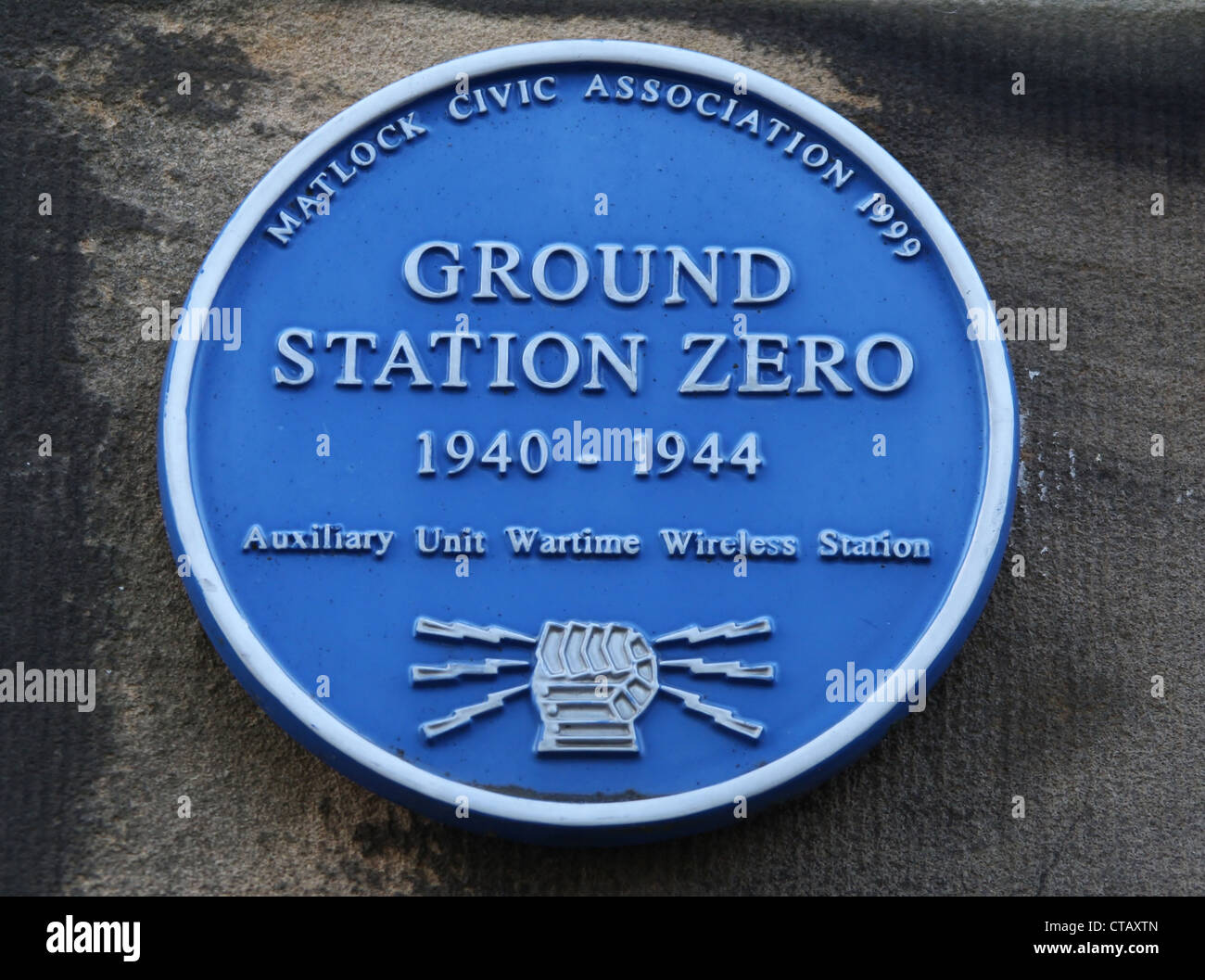 Targa blu in Matlock per stazione di terra a zero Foto Stock