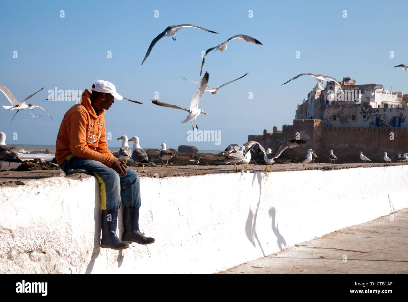 Un locale Berber uomo seduto sulla parete del porto, Essaouira,Marocco Africa Foto Stock