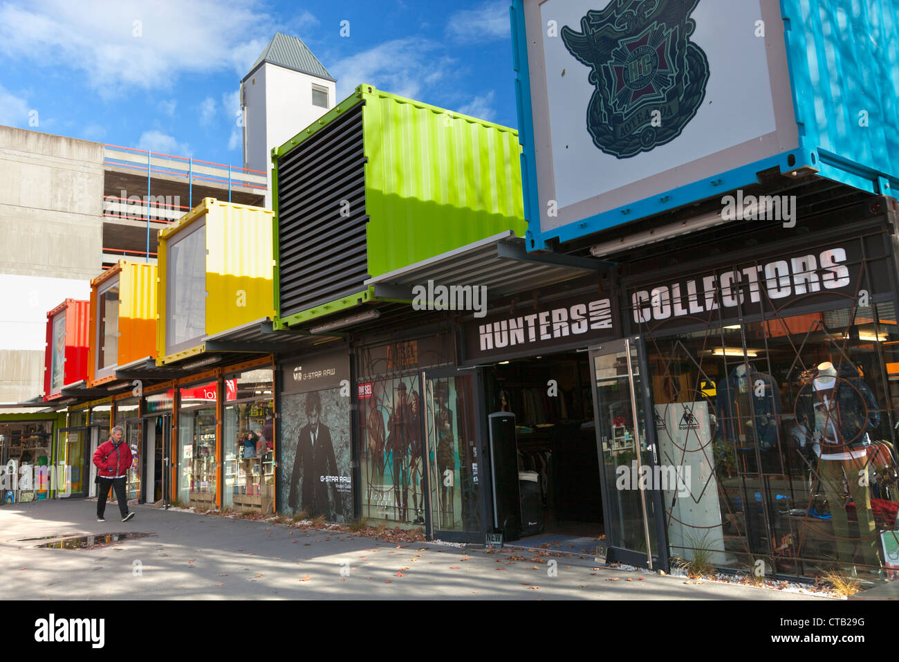 Post-quake Christchurch, Nuova Zelanda - Contenitore innovativo City instant shopping mall Foto Stock