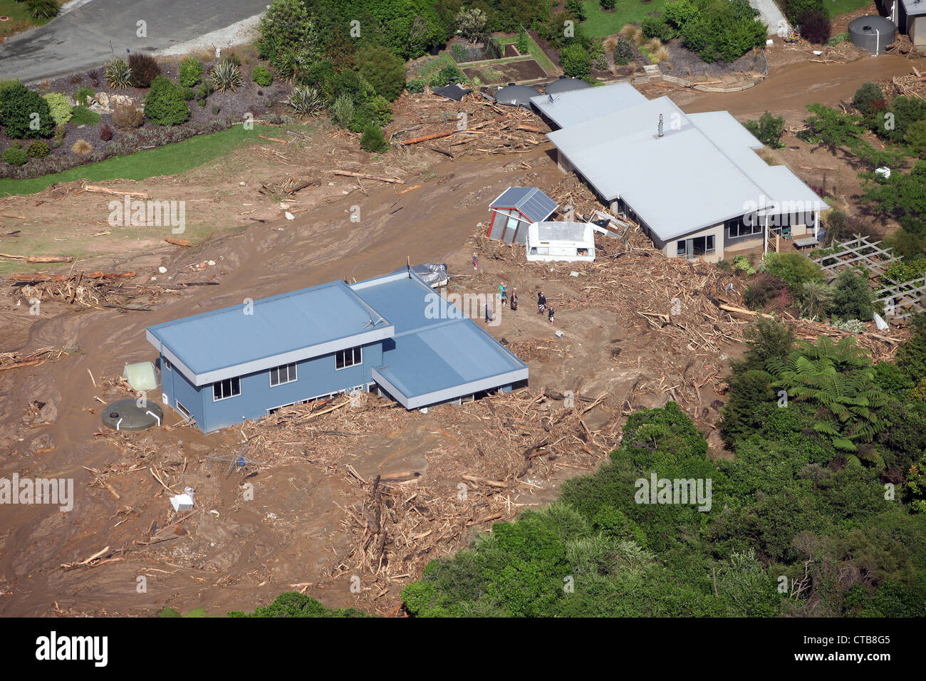 Fotografia aerea di case devastate record seguente la rottura delle precipitazioni nella regione di Nelson in Nuova Zelanda Dicembre 2011 Foto Stock