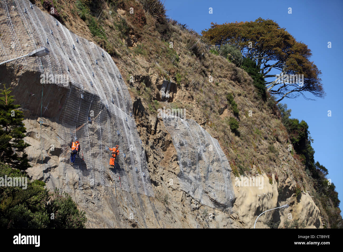 La discesa in corda doppia lavoratori edili luogo maglia di filo su rocce instabili in Nelson, Nuova Zelanda Foto Stock